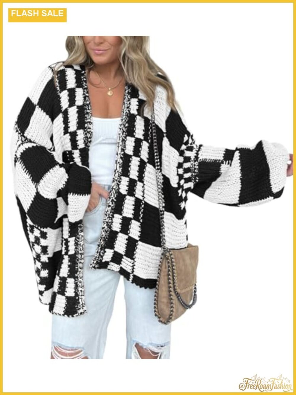 Open Front Cardigan Sweater Long Sleeve Ribbed Knit Checkered